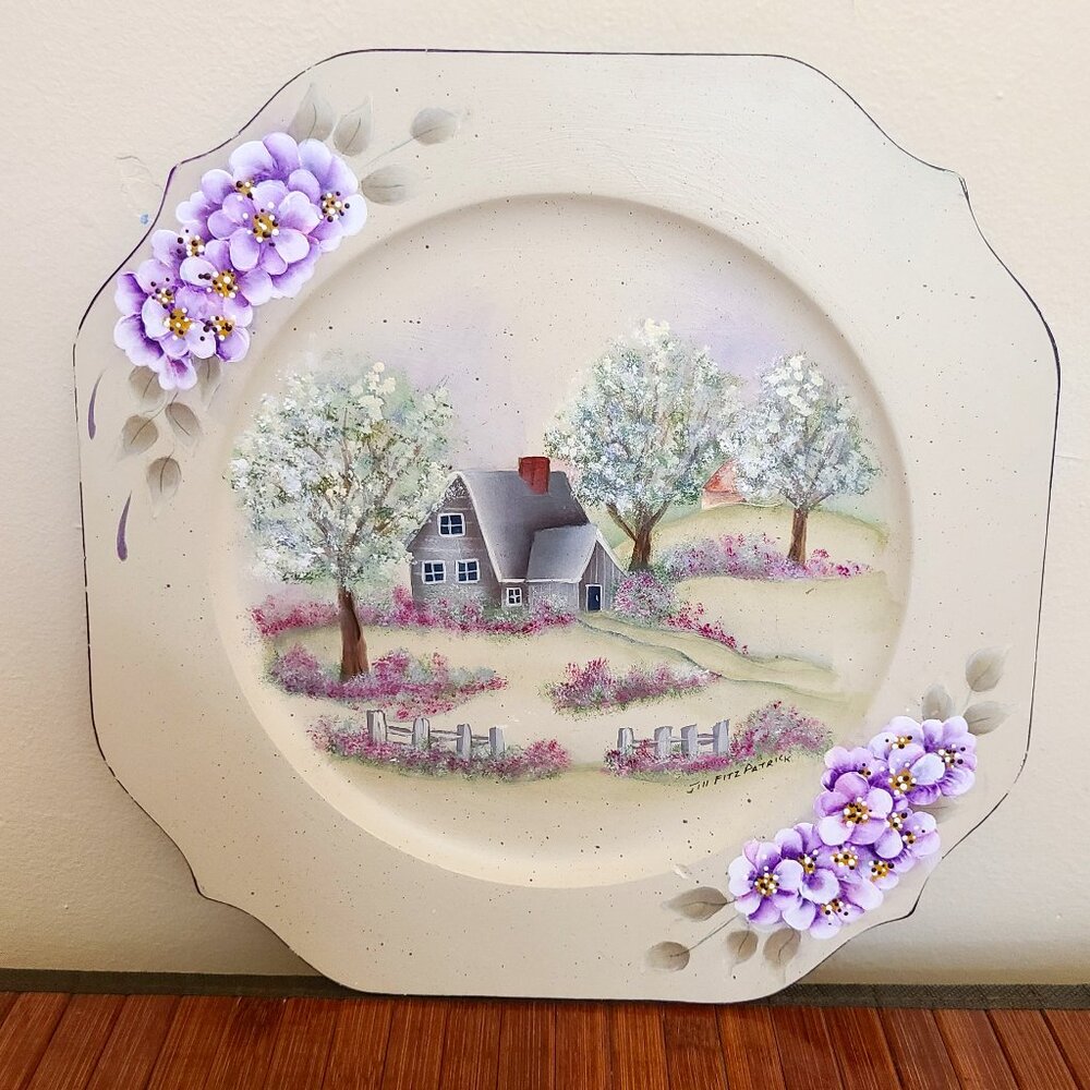 Vintage Hand Painted Wooden Plate -Cottage/Floral